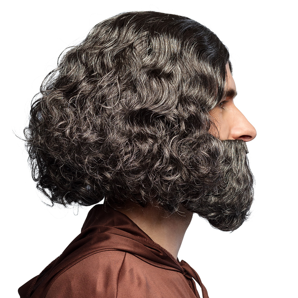 Pruik Joseph zwart/grijs met baard