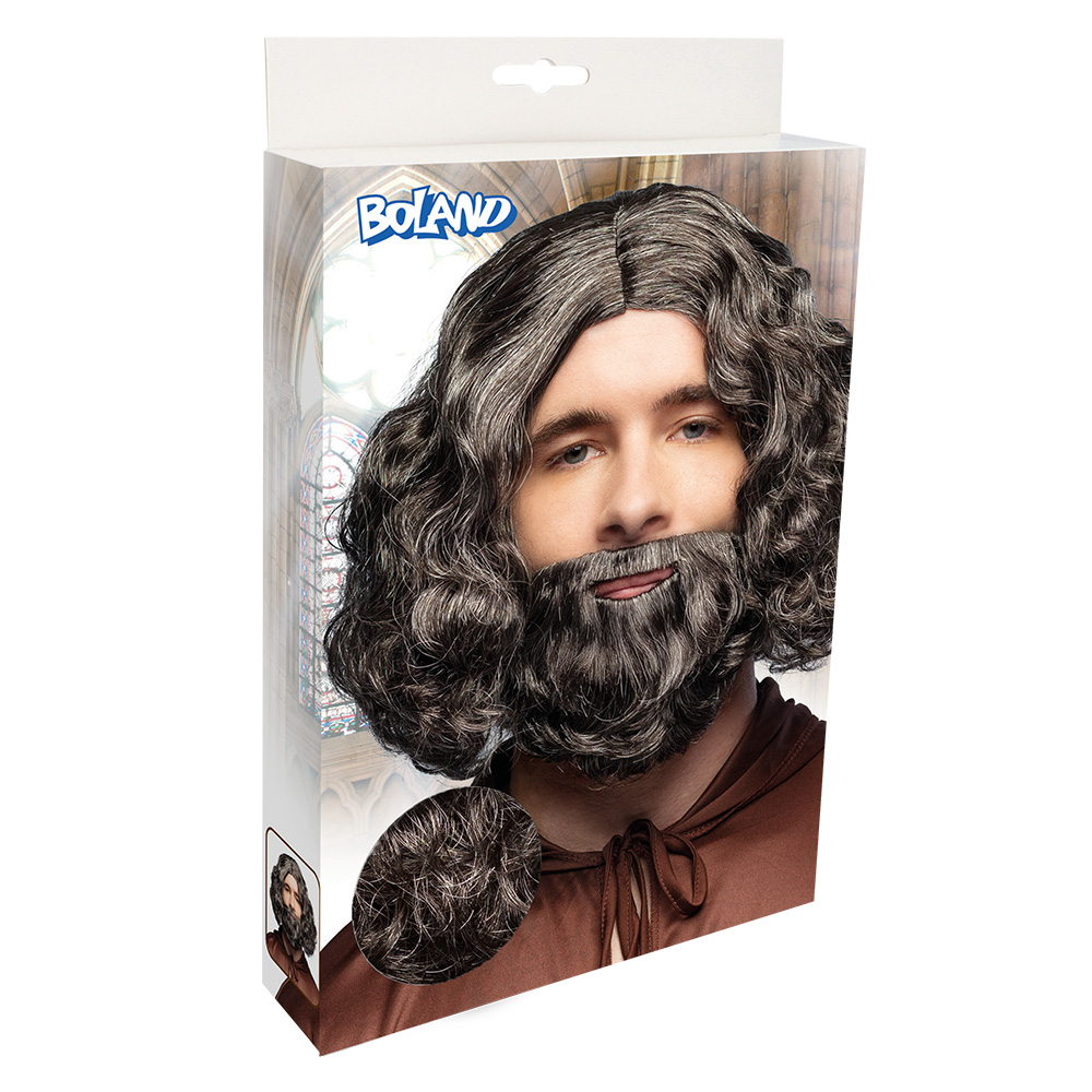 Pruik Joseph zwart/grijs met baard