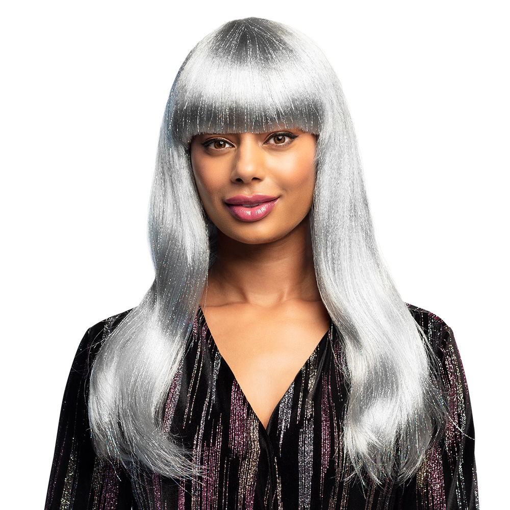 Pruik Grace glitter wit (zilver tinsel)