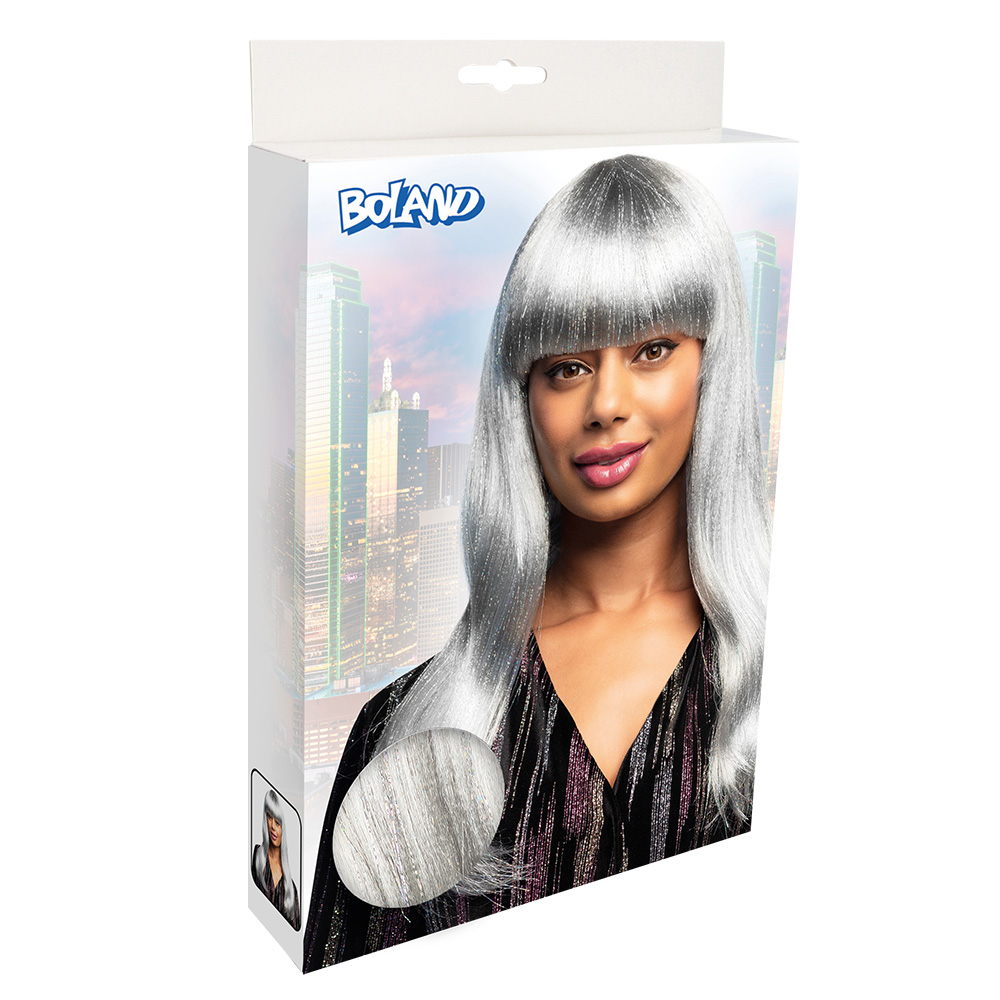 Pruik Grace glitter wit (zilver tinsel)