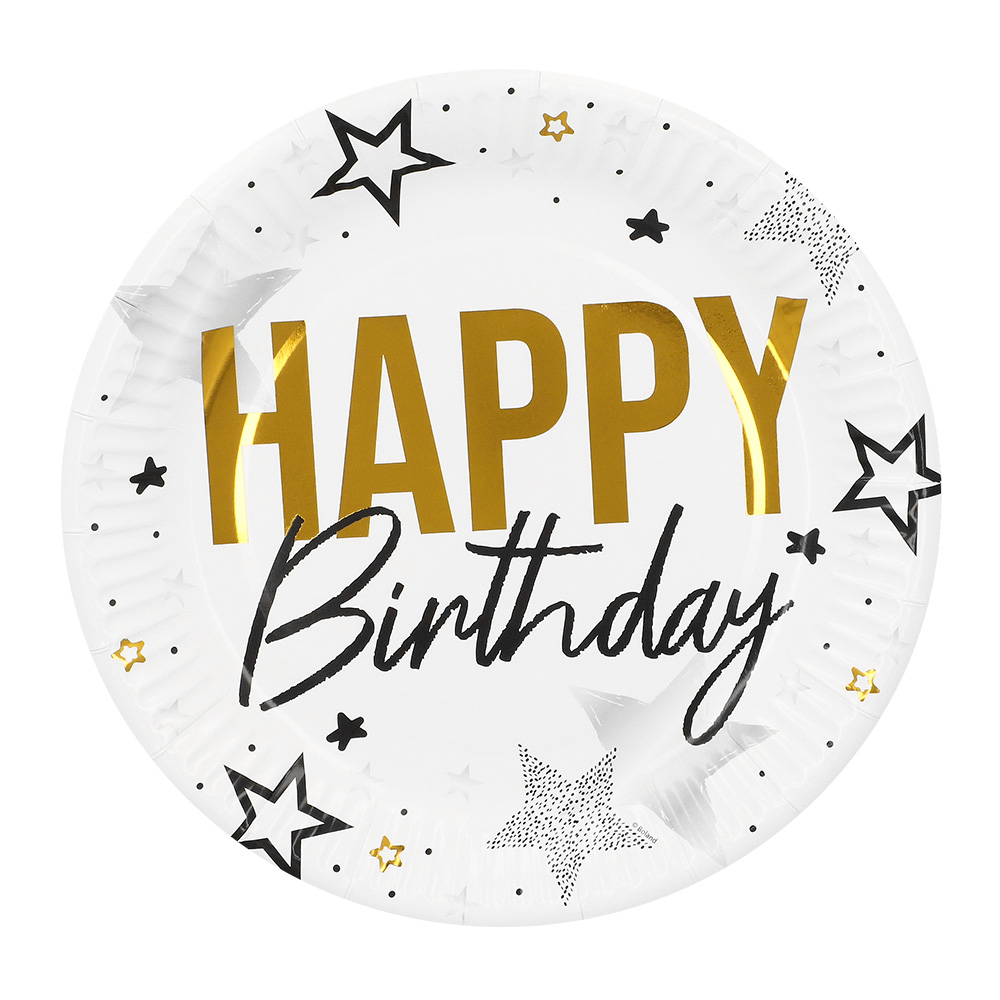 Set 8 papieren bordjes 'Happy birthday' (Ø 23 cm)