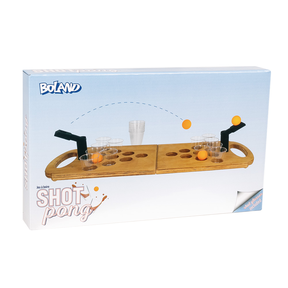 Set drankspel Shot pong (opvouwbaar houten spelbord, 2 shooters, 4 balletjes, 12 shotglaasjes)