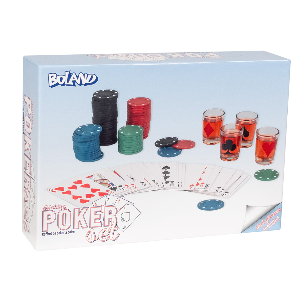 Set drankspel drinking poker (120 poker chips, 1 set spelkaarten, 4 glazen shotglaasjes)