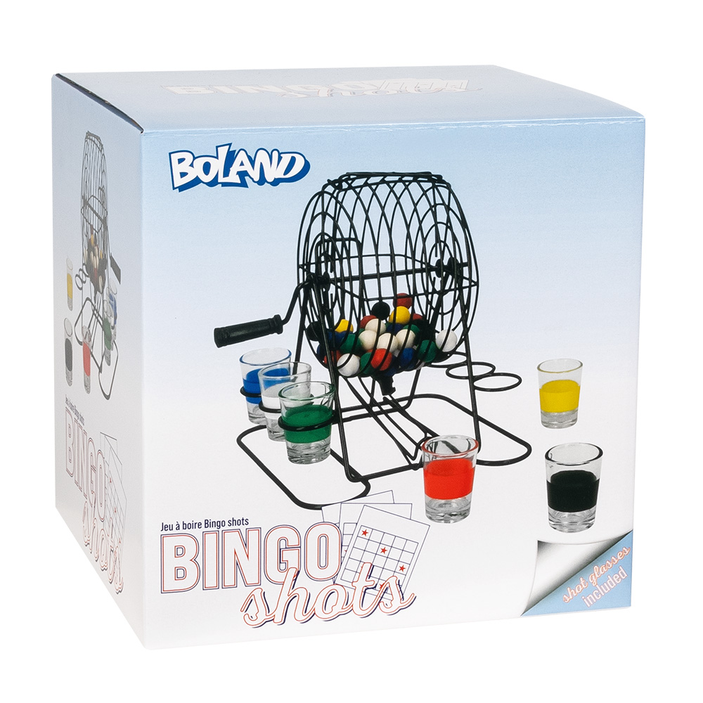 Set drankspel Bingo shots (metalen bingo rad, 48 balletjes, 6 glazen shotglaasjes)