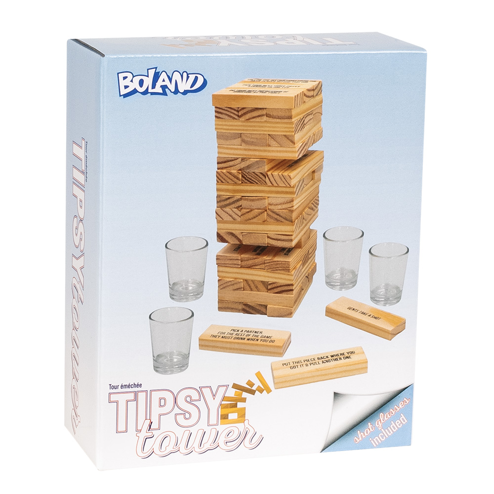 Set drankspel Drinking tower (4 glazen shotglaasjes, 54 houten blokken)