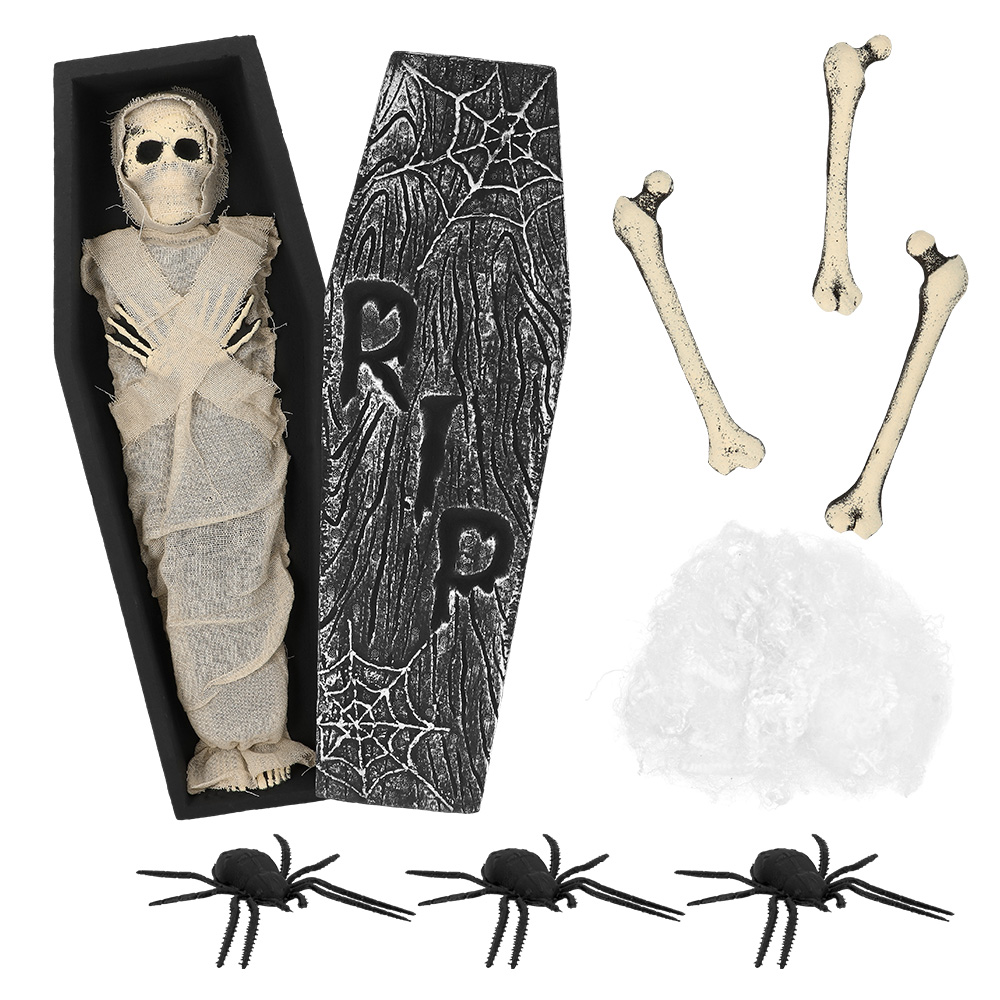 Mummy decoratieset (mummy in doodskist, 3 botten, 1 spinnenweb, 3 spinnen)
