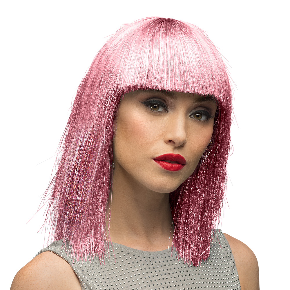 Pruik Crazy roze (zilver tinsel)