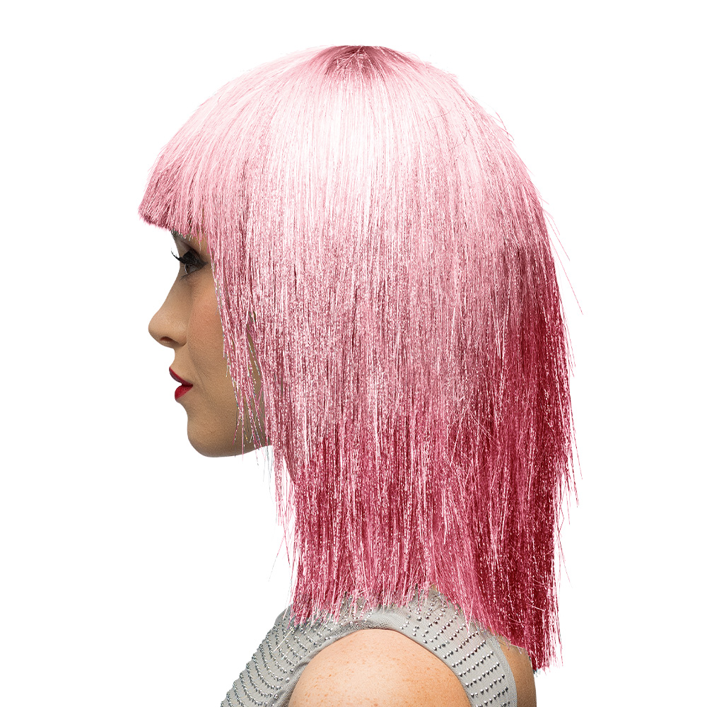 Pruik Crazy roze (zilver tinsel)