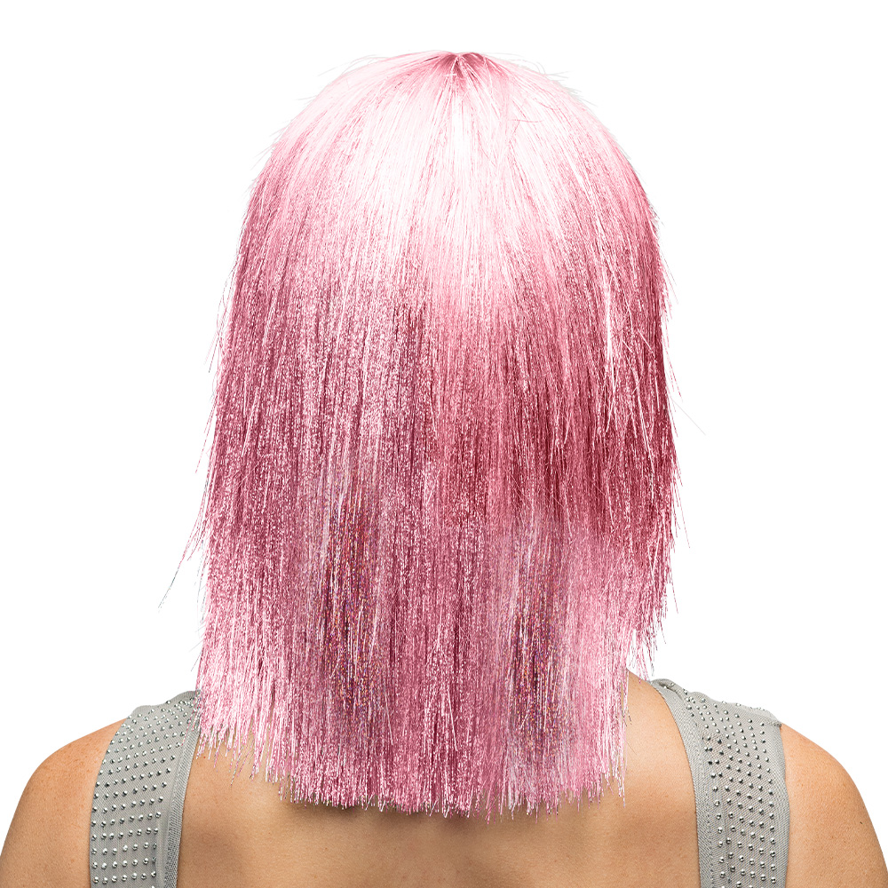 Pruik Crazy roze (zilver tinsel)