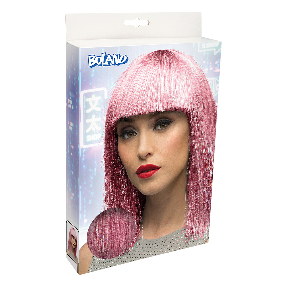 Pruik Crazy roze (zilver tinsel)