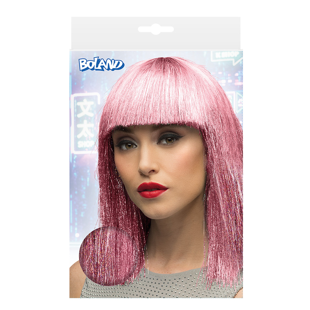 Pruik Crazy roze (zilver tinsel)