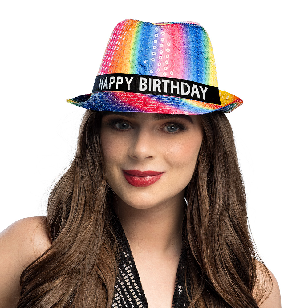 Hoed regenboog 'Happy birthday'