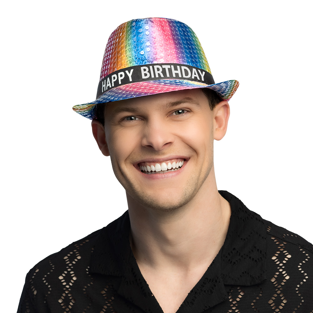Hoed regenboog 'Happy birthday'