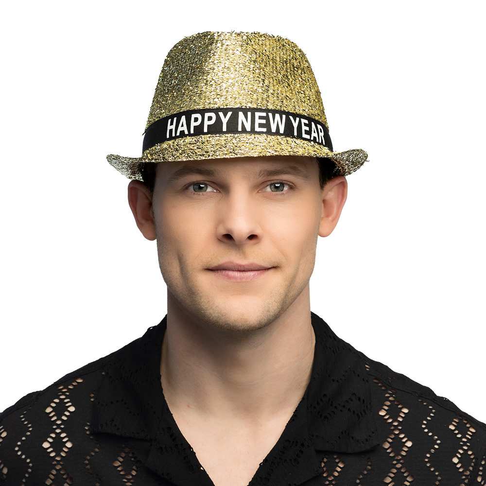 Hoed Sparkling 'Happy new year' goud