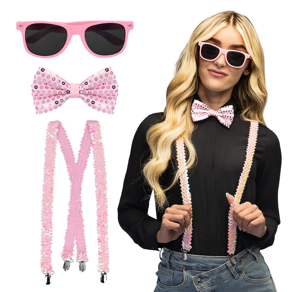 Set Pailletten lichtroze (partybril, vlinderstrik en bretels)