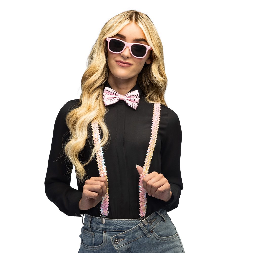 Set Pailletten lichtroze (partybril, vlinderstrik en bretels)