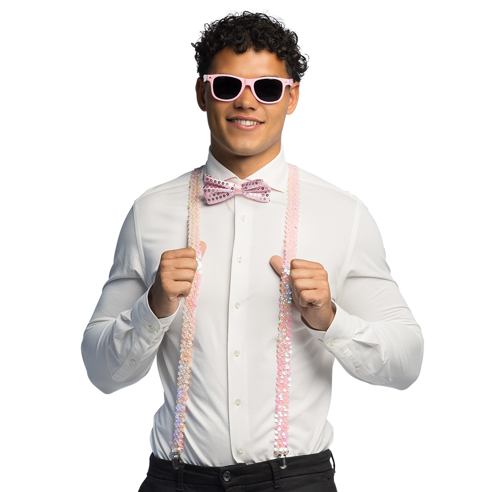 Set Pailletten lichtroze (partybril, vlinderstrik en bretels)