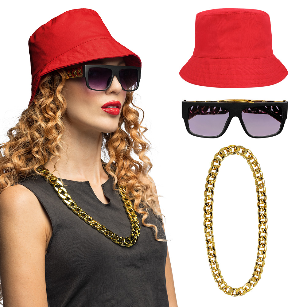Set 90's hip hop (bucket hat, partybril, ketting)