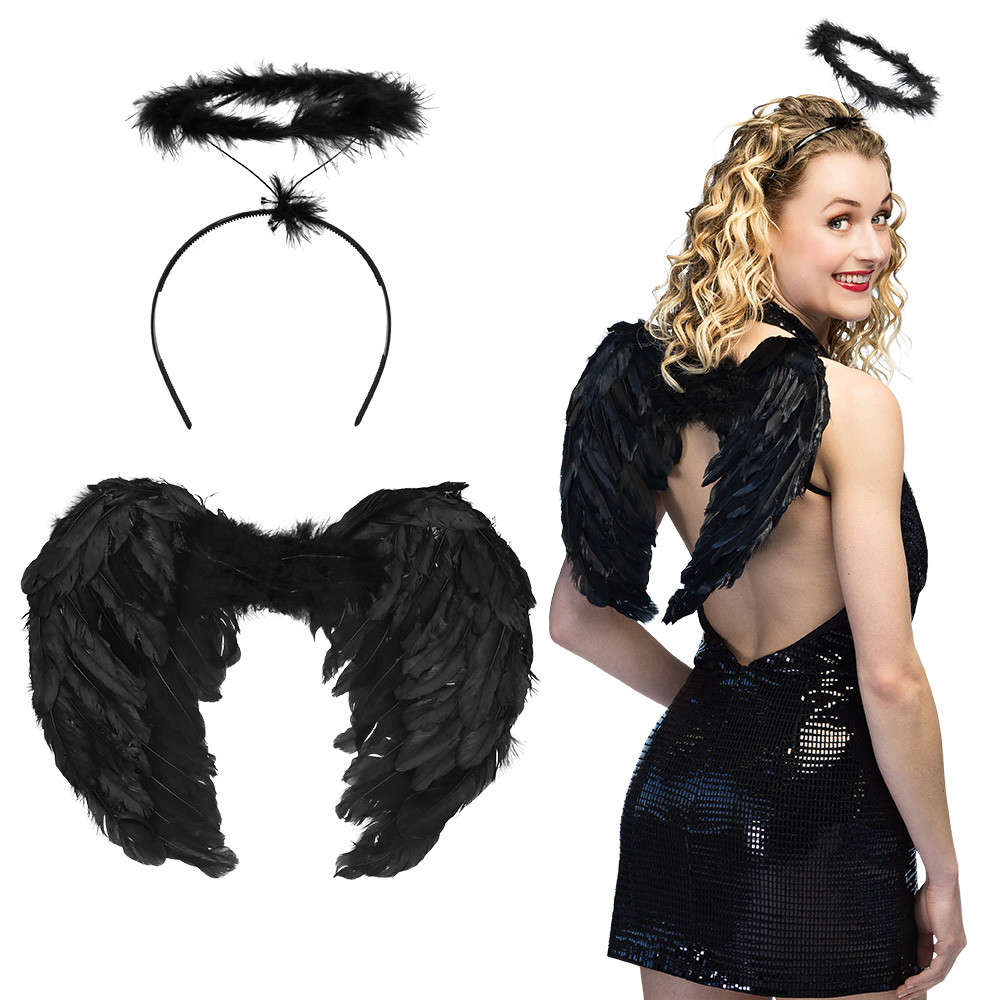 Set Engel promo zwart (diadeem halo en vleugels)