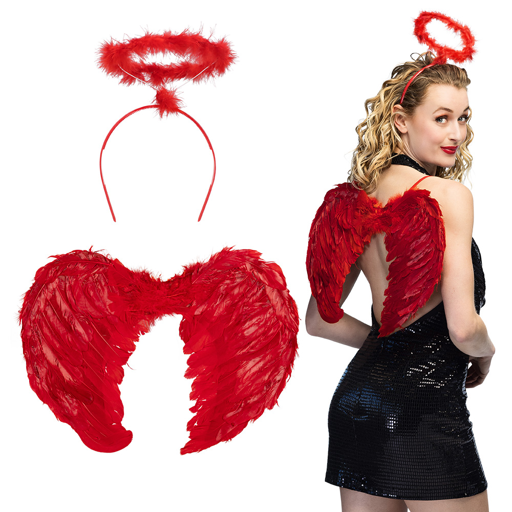 Set Engel promo rood (diadeem halo en vleugels 45 x 35 cm)