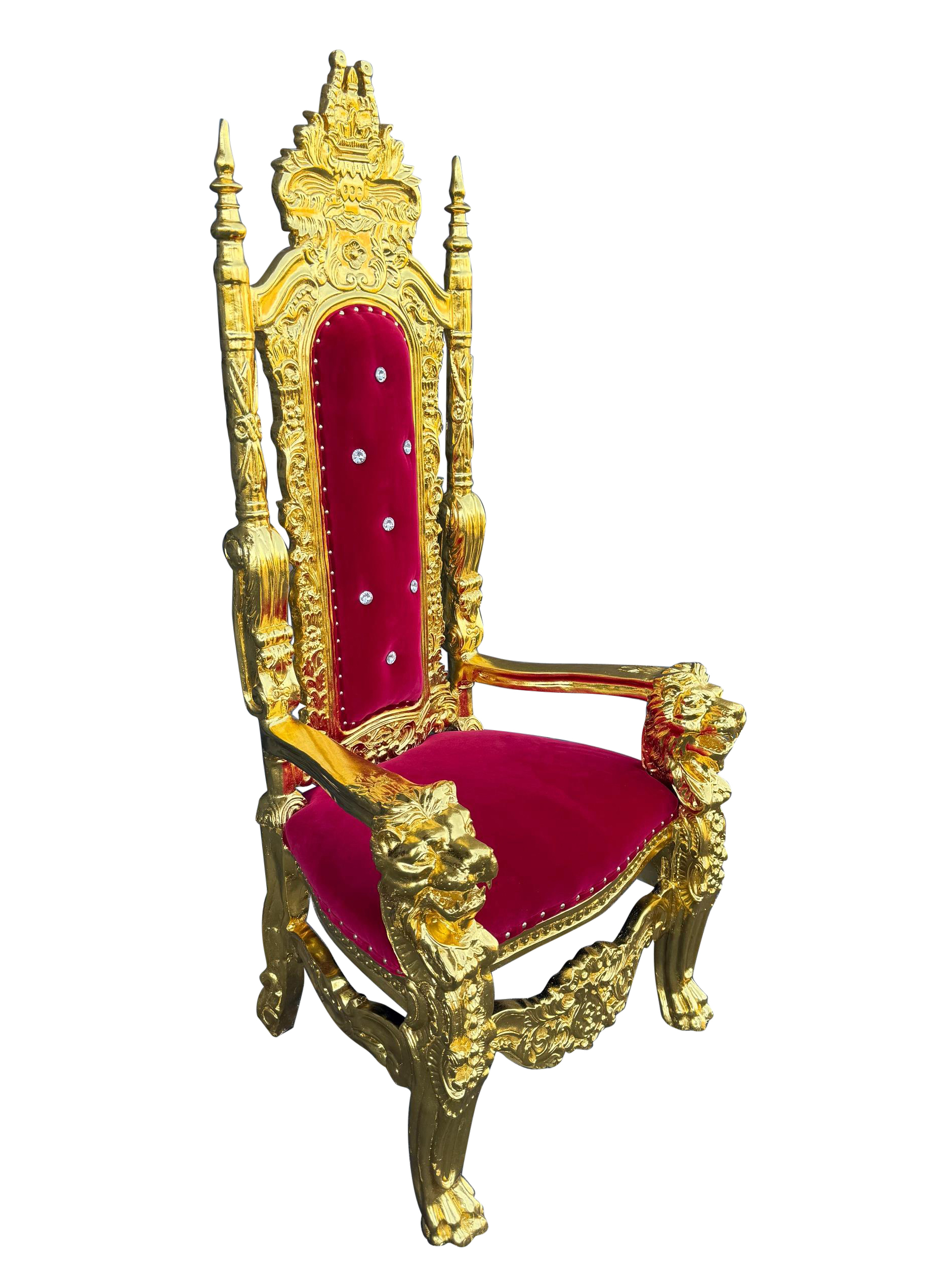 Gouden houten troon met fluwele zitting