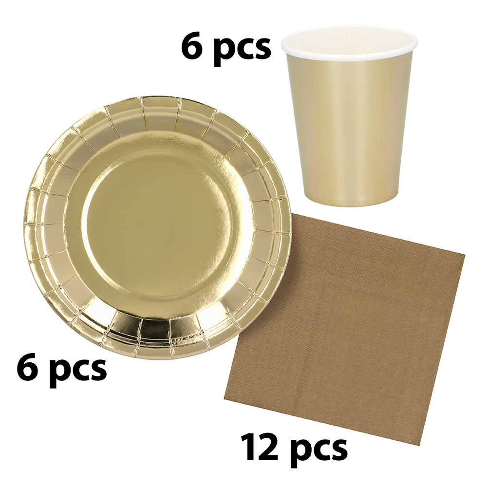 Tafelset goud (6 bordjes, 6 bekertjes, 12 servetten)