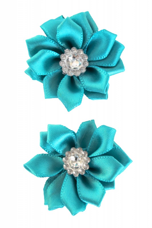 Bloem satijn met steen 4 cm turquoi