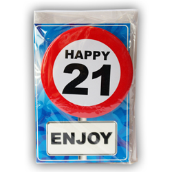 Verjaardagskaart met button 21 jaar