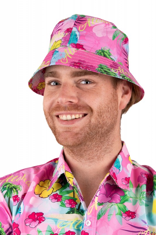 Vissershoedje Hawaiiprint roze