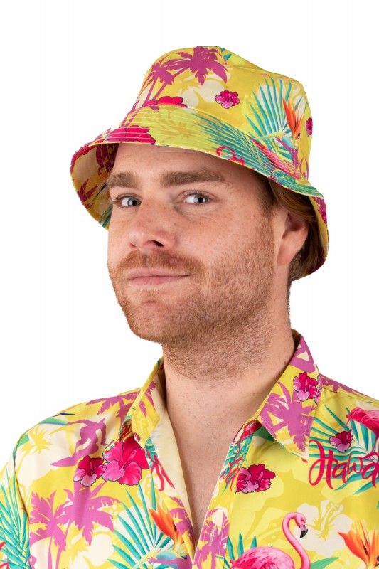 Vissershoedje Hawaiiprint geel