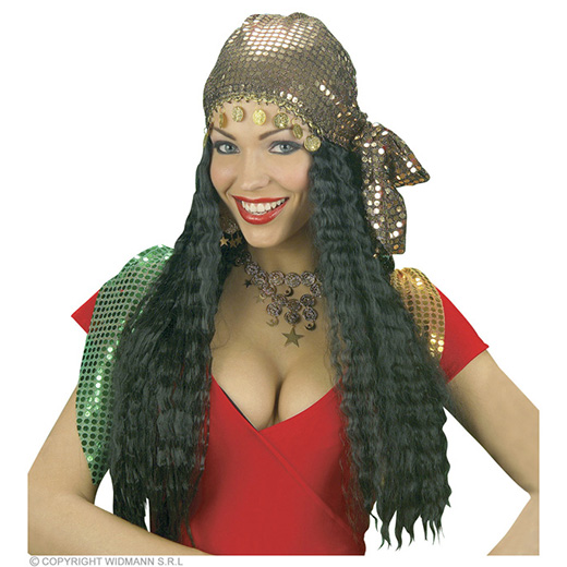 pruik, zigeunerin met hoofddoek, in doos