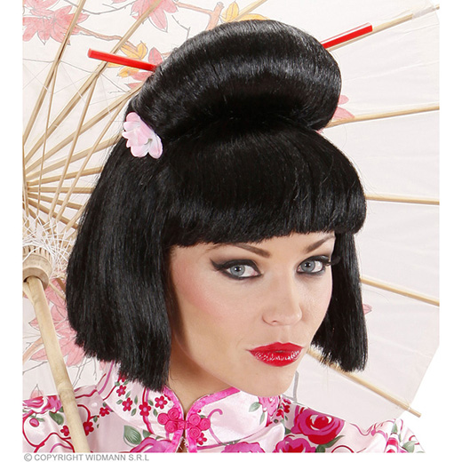 pruik, geisha met bloem en chopsticks