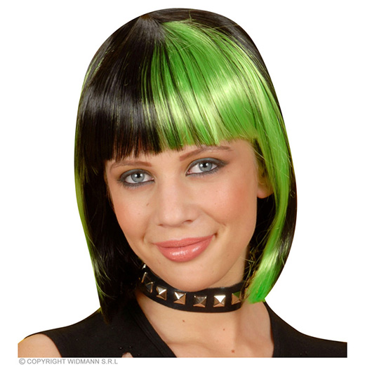 pruik, zoey zwart met groene highlights