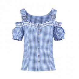 Blouse oktoberfest met schouderbandjes blauw-wit