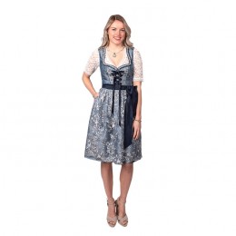 Dirndl jurkje 2-delig luxe uitvoering blauw/bloemen met kanten schort