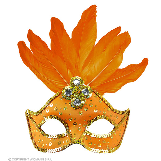 oogmasker brazilie met veren en parels, neon oranje