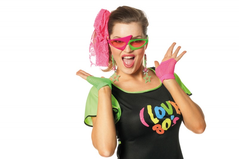 Set 80's (bril/oorbellen/haarband/nethandschoenen)