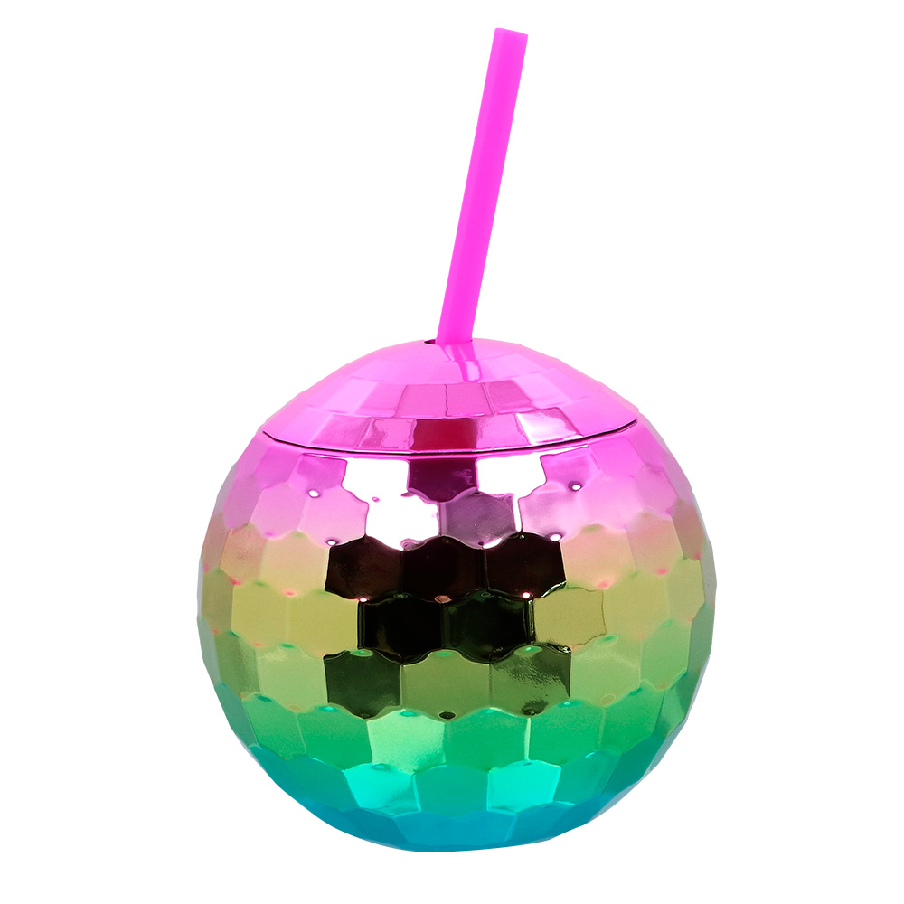 Discobal drinkbeker met rietje regenboog (60 cl)