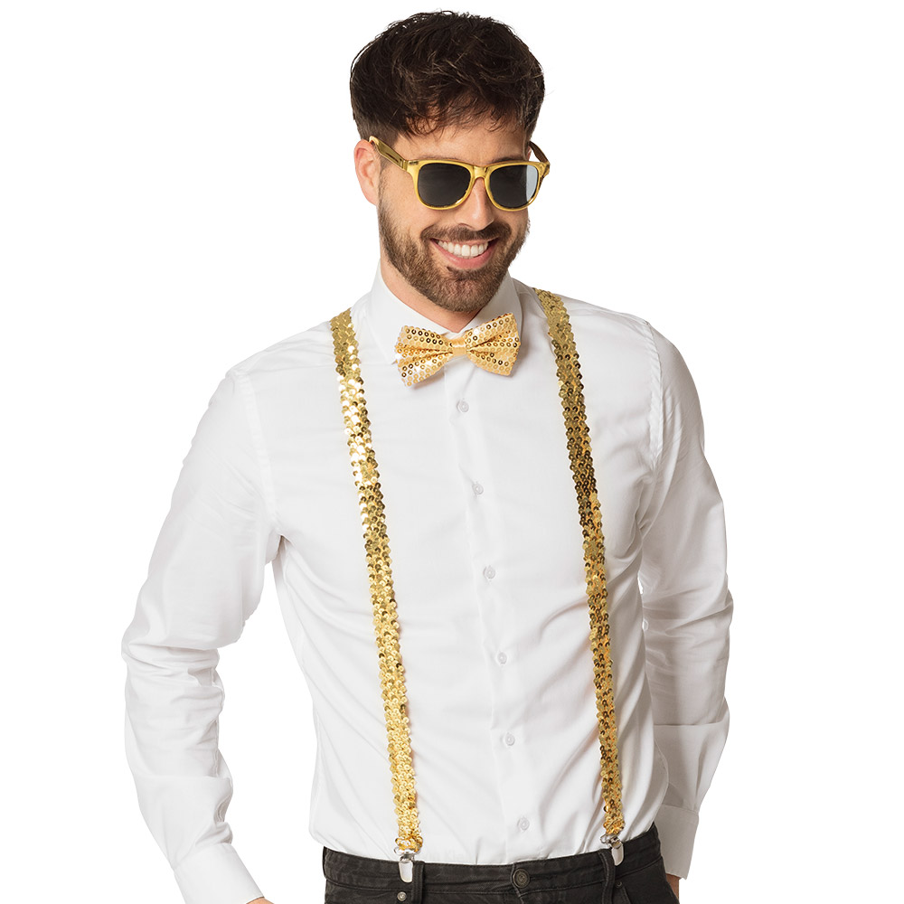 Set Pailletten goud (partybril, vlinderstrik en bretels)