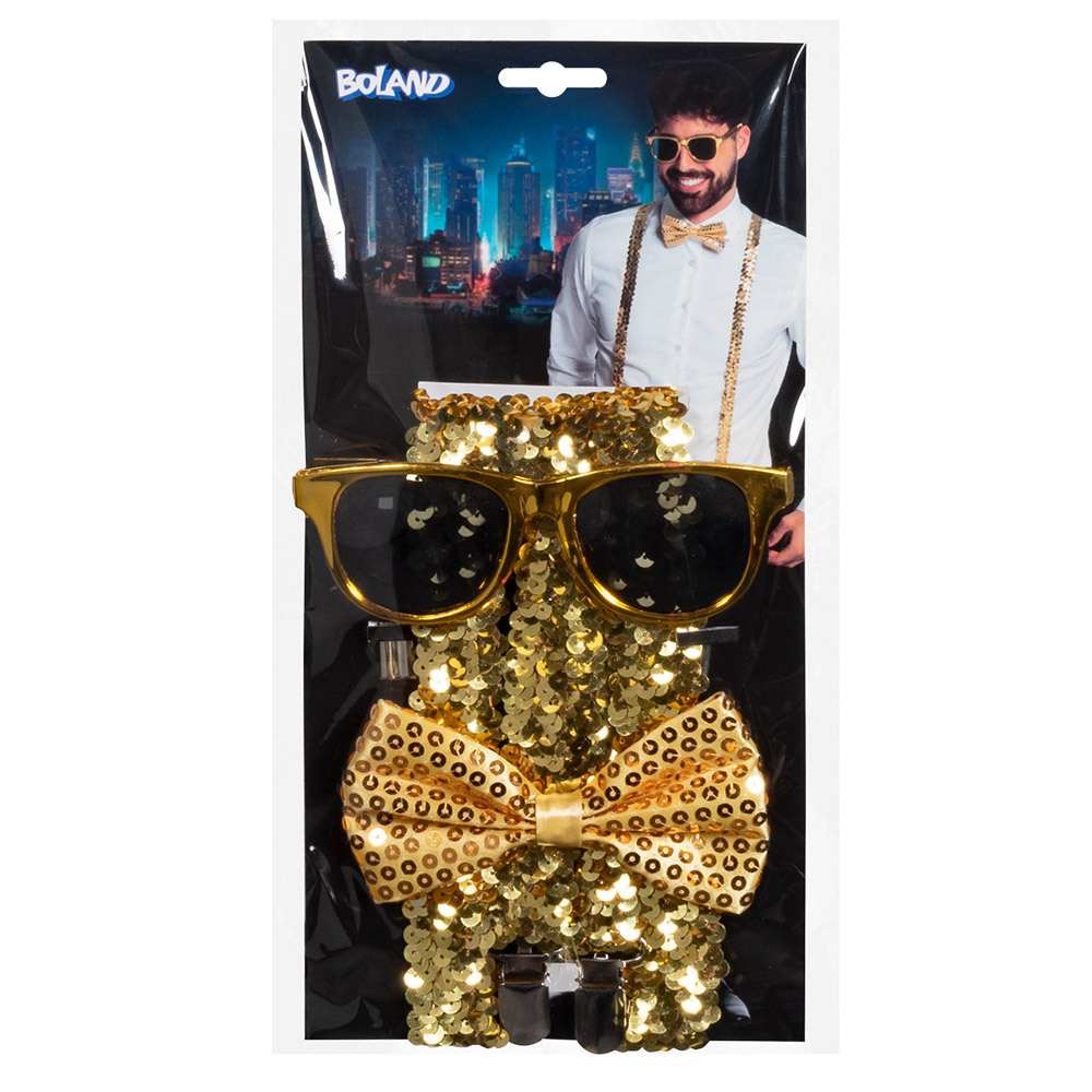 Set Pailletten goud (partybril, vlinderstrik en bretels)