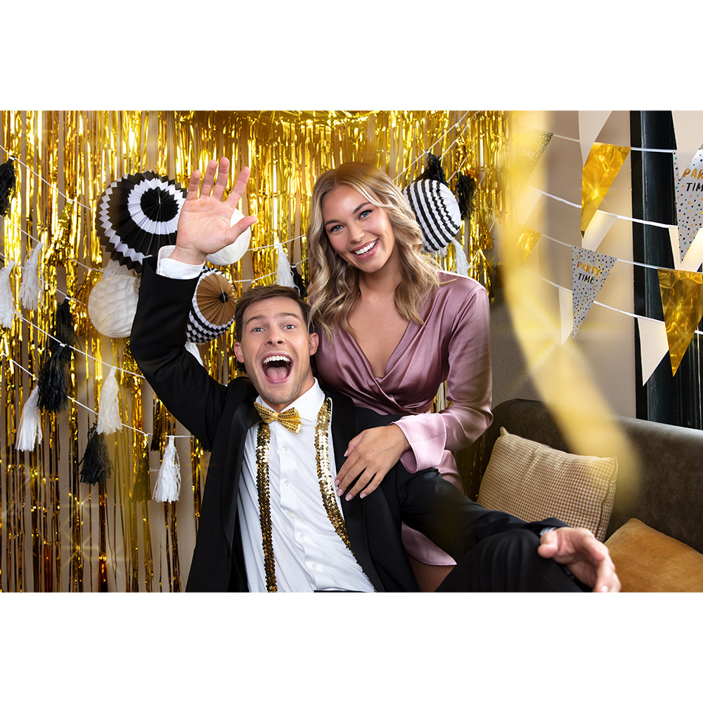 Set Pailletten goud (partybril, vlinderstrik en bretels)