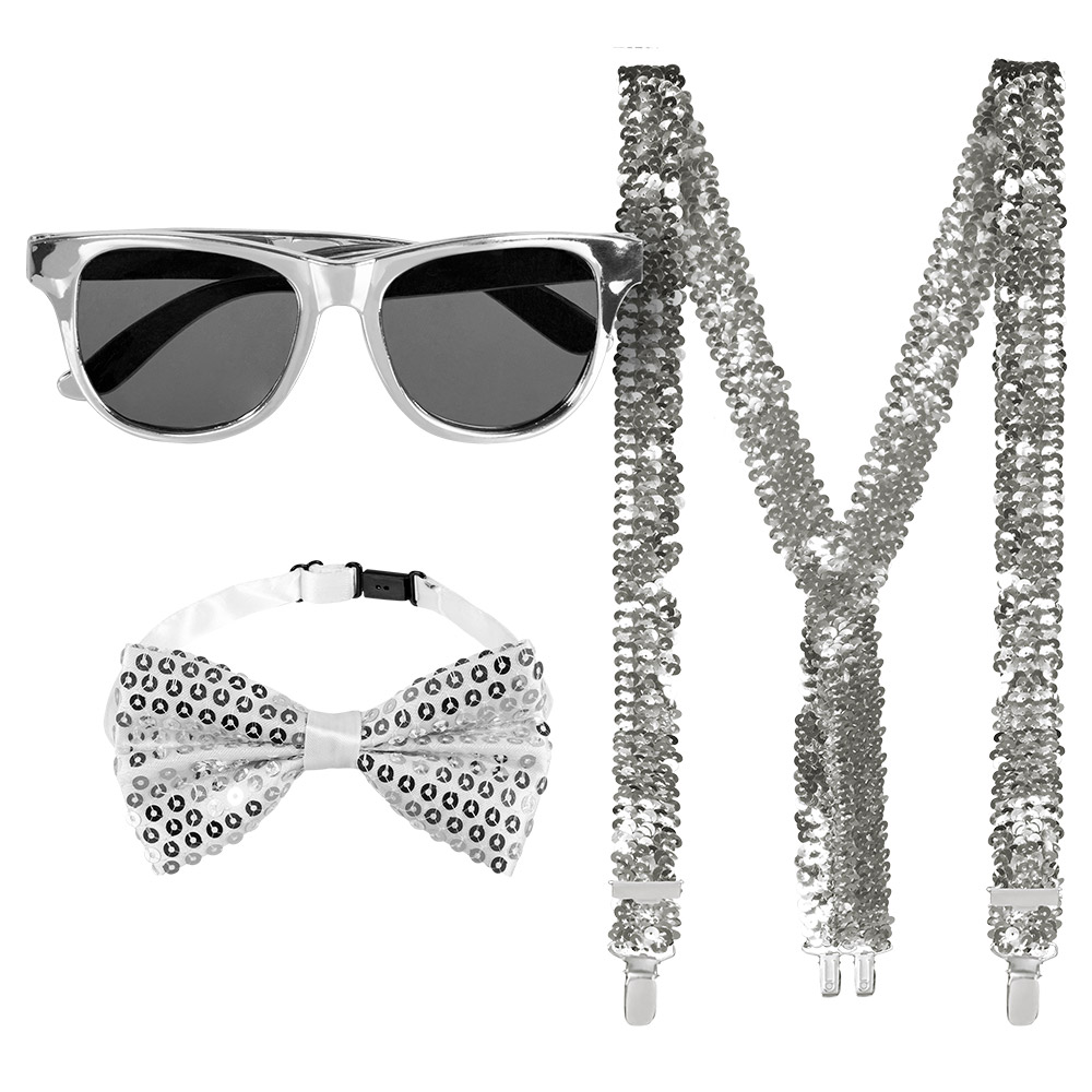 Set Pailletten zilver (partybril, vlinderstrik en bretels)