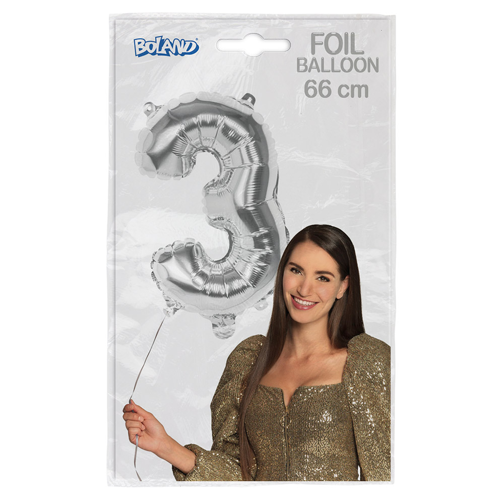 Folieballon '3' zilver (66 cm)