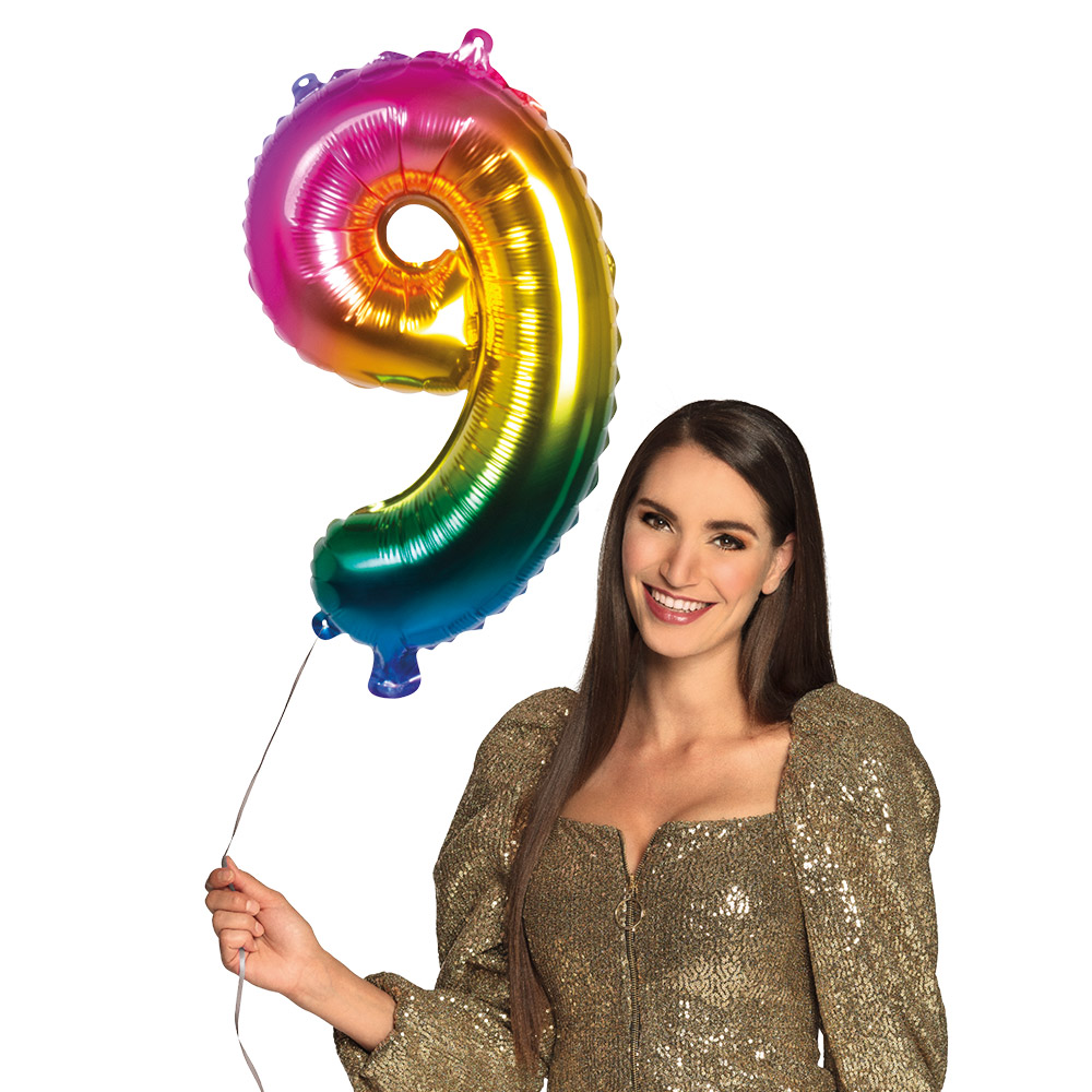 Folieballon '9' regenboog (66 cm)