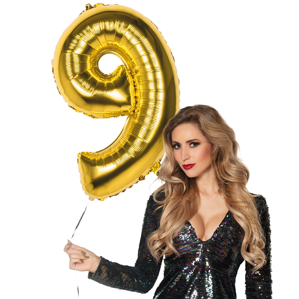 Folieballon '9' goud (86 cm)