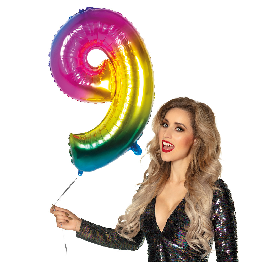 Folieballon '9' regenboog (86 cm)