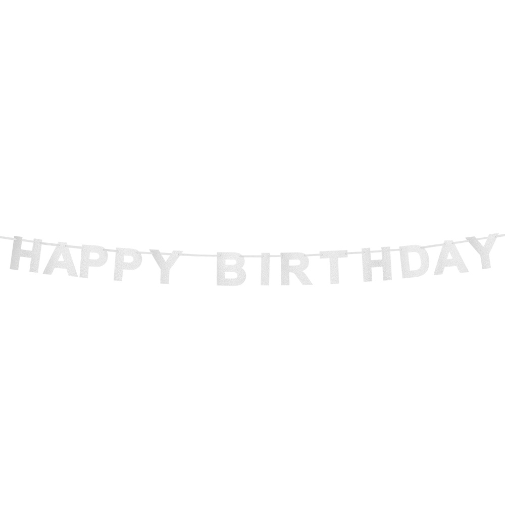 Kartonnen glitter letterslinger 'Happy birthday' zilver (2,25 m)