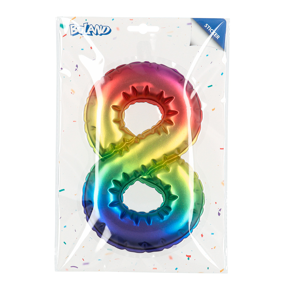 Folieballonsticker '8' regenboog (20 cm)