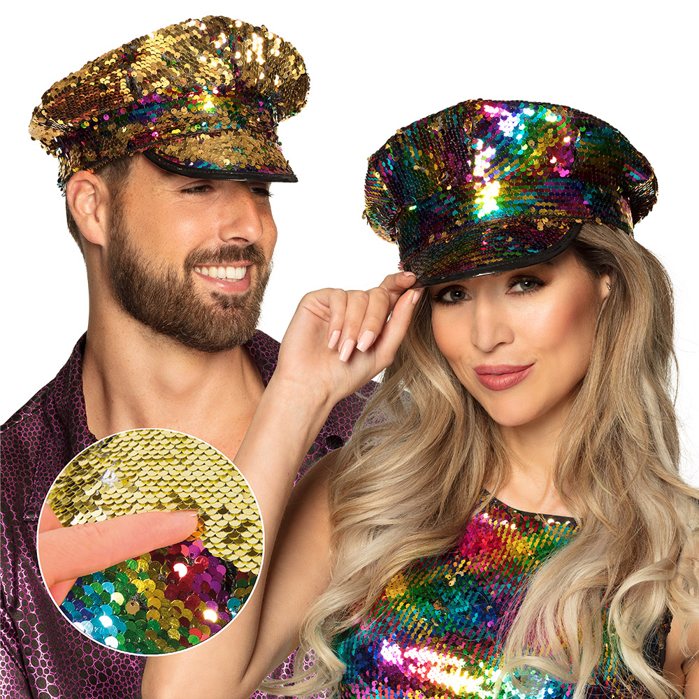 Kapiteinspet Rainbow switch (omkeerbare pailletten regenboog/goud)