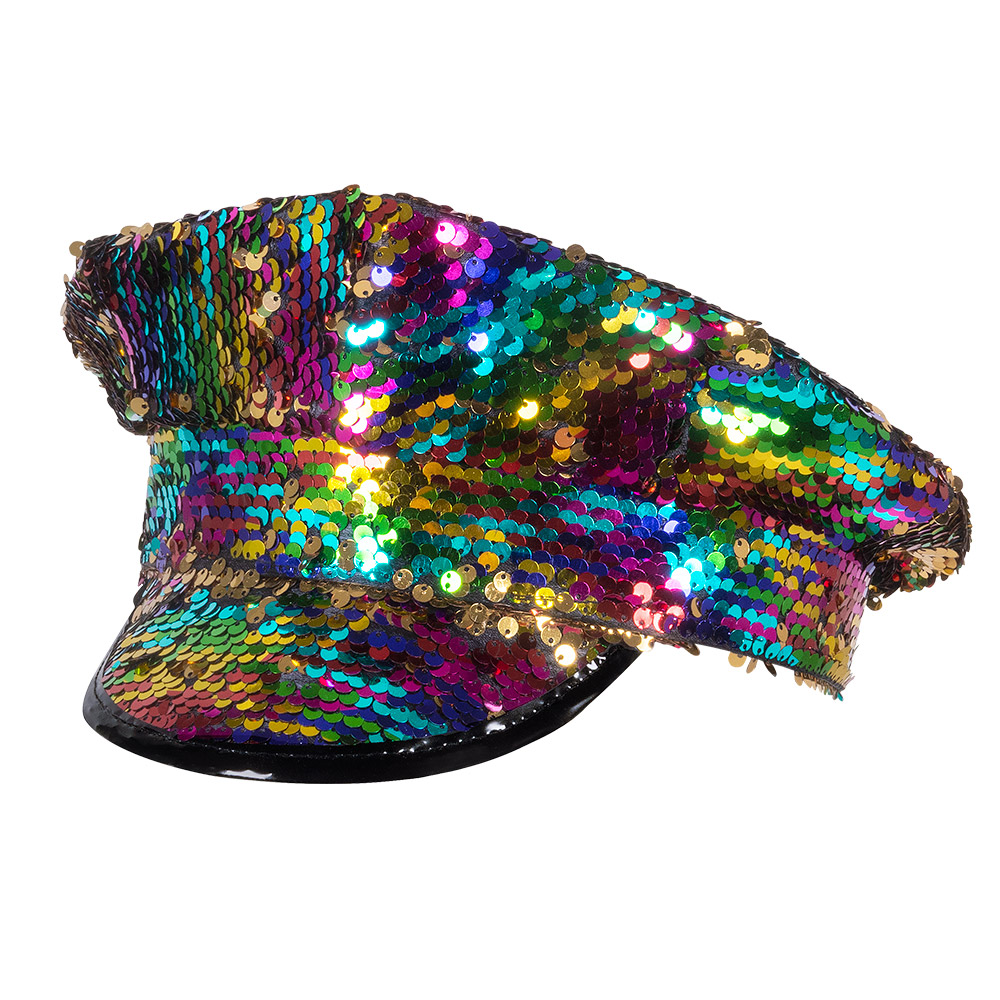 Kapiteinspet Rainbow switch (omkeerbare pailletten regenboog/goud)
